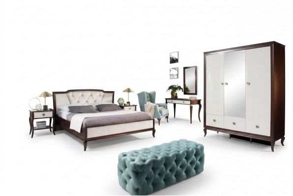 Komplett Schlofzëmmer Set 4 Deeler Design Bett + 2x Nuetsdësch + Kleederschaf