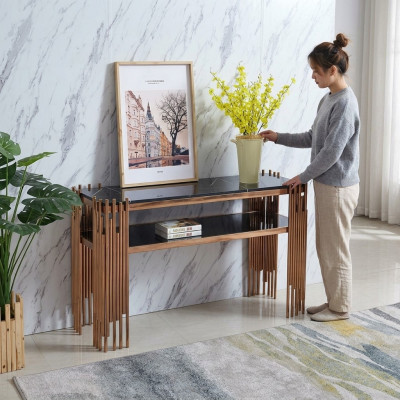 Designer Konsolendësch Holz Dësch Konsole Konsolendëscher Gold-Schwaarz