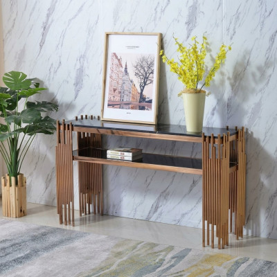 Designer Konsolendësch Holz Dësch Konsole Konsolendëscher Gold-Schwaarz