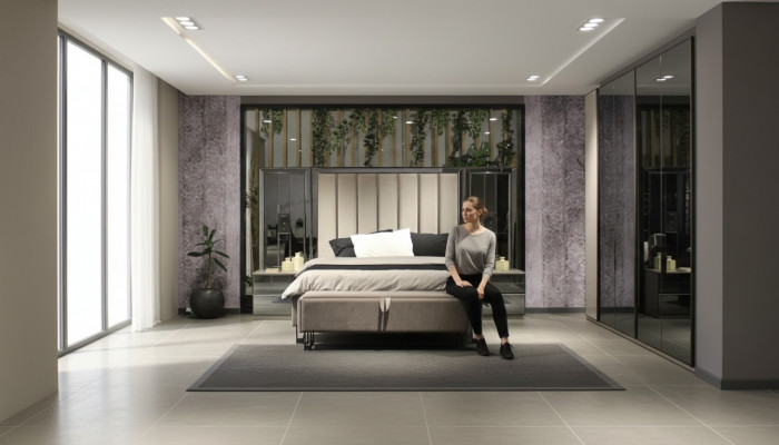 Exklusivt luxuriéist Schlofkummersett: Bett, 2 Nuetsdëscher & Bänk.