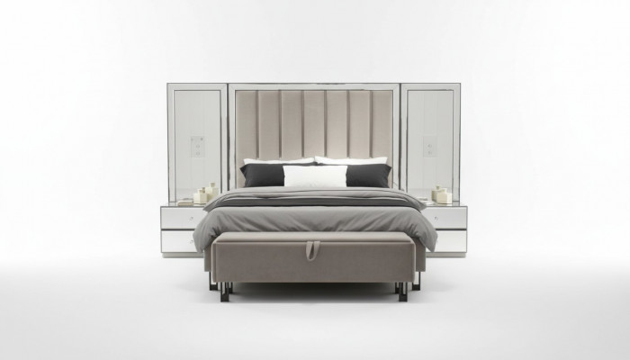 Exklusivt luxuriéist Schlofkummersett: Bett, 2 Nuetsdëscher & Bänk.