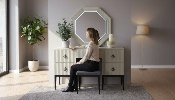 Praktesch Modern a Neien Schlofzëmmer Schminktisch mat Spigel a Hocker