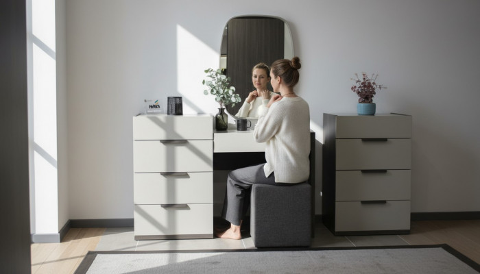 Design Make-uptisch mat Spigel Luxus Schlofzëmmer Miwwelen Hocker 3tlg. Nei