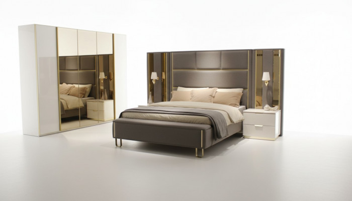 Bett 2x Nuetschranken 3 Deeler Schlofzëmmer Duebelbett Design Miwwelen Holz Neit Set