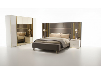 Bett 2x Nuetschranken 3 Deeler Schlofzëmmer Duebelbett Design Miwwelen Holz Neit Set