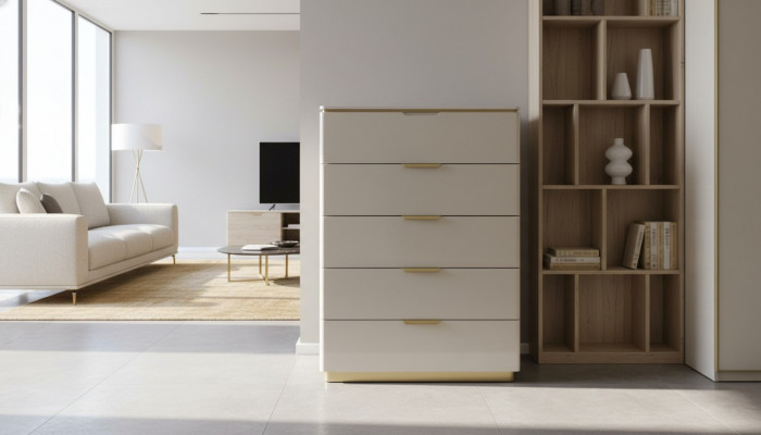 Design Miwwelen Schlofkummer Luxus Kommode mat 4 Schief Noutschaf Holzausgab Holzausgab Nei