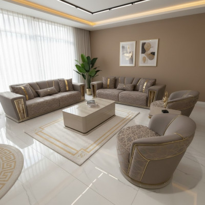 Sofasäll 3+3+1+1 Sëtzplazen + Dësch + Wunnwand Modern Textil Komplett Nei
