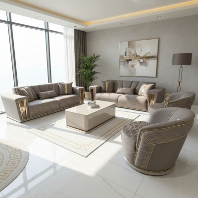 Soffagarnitur Set Komplett Modern 3+3+1+1 Sëtzer + Dësch fir virum Sofa Textil Sofa Holz