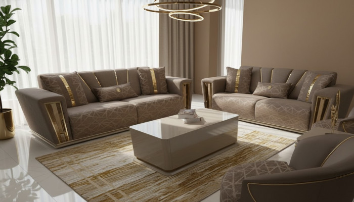 3+3 Sëtzer Modern Sofagarnitur Fotell Textil Gro Sofa 3 Sëtzer Luxus Komplett 2tlg
