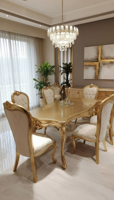 Klasseschen Iessdësch 200x110cm Gold Luxus Holzdësch Iessen Kichen Neit Design Dëscher