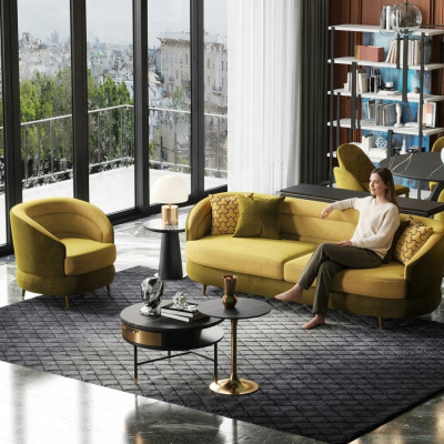 Design Couch Lounge Sofas Samt Sofagarnitur 3+1 Sëtzer Sofa Wunnlandschaft giel