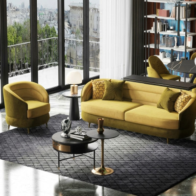 Design Couch Lounge Sofas Samt Sofagarnitur 3+1 Sëtzer Sofa Wunnlandschaft giel