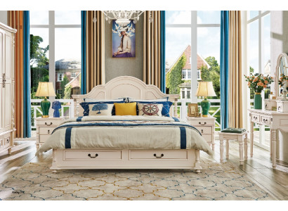 Schlofzëmmer Set Bett Nopeschdësch Kleederschaf Stull Schminktisch Design 6tlg.