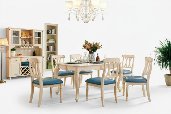 Iesszëmmer Iessdësch 6 x Still Iess Set Holz Kichen Grupp Schaf Miwwelen Neien 7 Stéck.