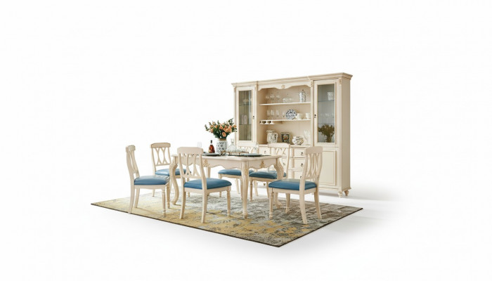 Iesszëmmer Miwwelen Iessdësch 6 x Stull Iess Set Holz Kichen Grupp Garnitur Nei 7tlg.