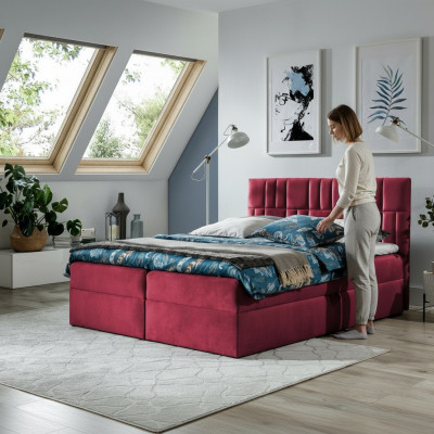 Duebeldbett Boxspringbett Bett mat Bettkaascht Manzebett Better Polsterbett Rout Nei