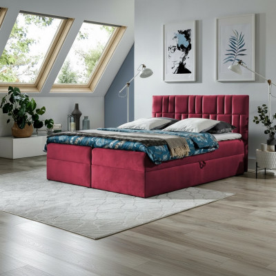 Duebeldbett Boxspringbett Bett mat Bettkaascht Manzebett Better Polsterbett Rout Nei