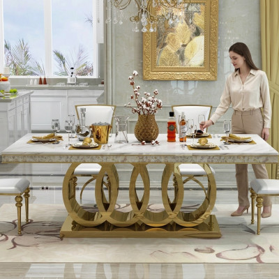Luxus Iessdësch Iesszëmmer Dësch Metall Gold Dëscher Iessdëscher Miwwelen Ariichtung
