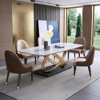Luxus Dësch Metall Iessdësch Mega Design Dëscher Edelstol Marmer Imitatioun Iessdësch