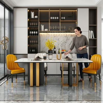 Iessdëscher Marmor Iessdësch Modern Miwwelen Dëscher Design Dësch Iesszëmmer Metall Neidatioun