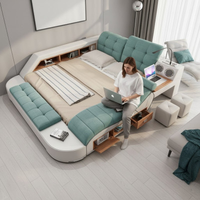 Duebelt-Bett aus Lieder mat Polster, multifunktionell mat Massagefunktioun, Nei