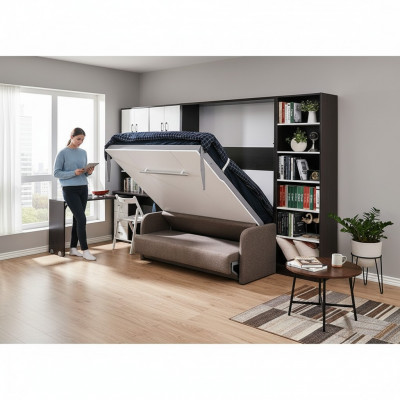 Schaf, Bett mat Sofa, Polster, Wand Schief, Schlofbett, Klappmiwwel + Couch Nei