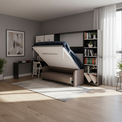 Schaf, Bett mat Sofa, Polster, Wand Schief, Schlofbett, Klappmiwwel + Couch Nei