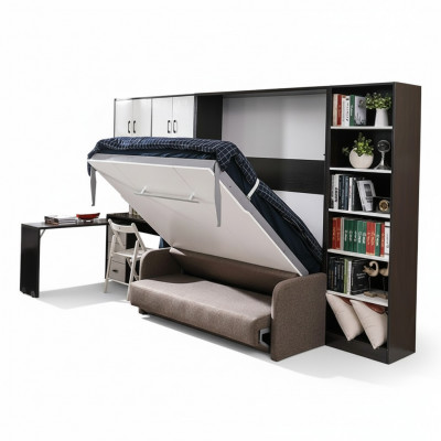 Schaf, Bett mat Sofa, Polster, Wand Schief, Schlofbett, Klappmiwwel + Couch Nei