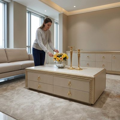 Klassesche Canapé Dësch Holz Dësch geschnëtzt Luxus Design Italienesch Miwwelen Nei