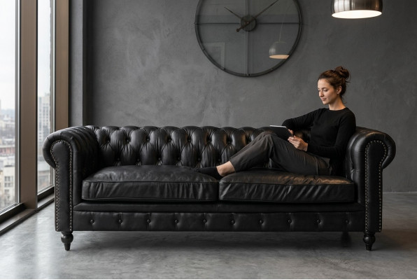 Cheterfield Sofa 3 Sëtzer Modern Lieder-Faser Echt Holz Luxus Klassesch Stil Miwwelen
