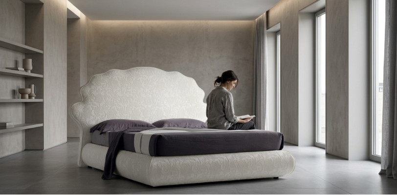 Luxus italieneschen Design Miwwelen Schlofzëmmer Duebelbett 160x200cm HolzTextil Miwwelen