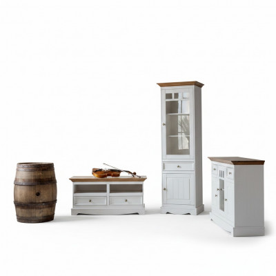 Wunnwand Vitrin Landhaus Designer Miwwel 3-Stéck Set Kommode RTV Sideboard Holz