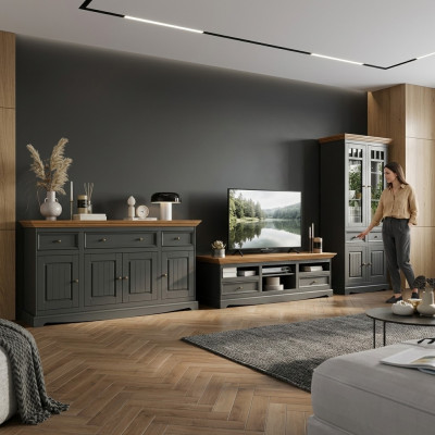 Wunnwand Holz Kommode + RTV Säitendësch Italienesch Landhaus Miwwelen 3-Teile Set Nei