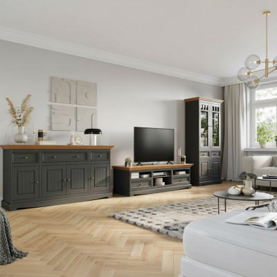 Wunnwand Holz Kommode + RTV Säitendësch Italienesch Landhaus Miwwelen 3-Teile Set Nei