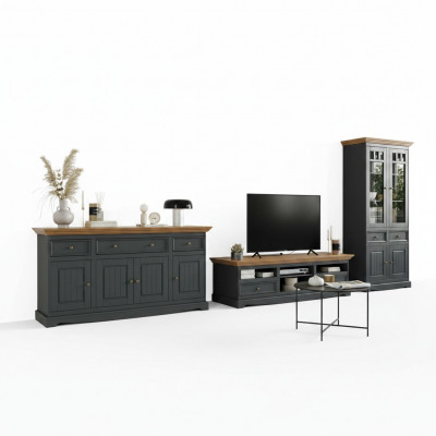 Wunnwand Holz Kommode + RTV Säitendësch Italienesch Landhaus Miwwelen 3-Teile Set Nei