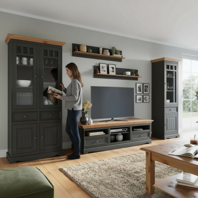 Wunnwand Set Vitrin TV Kommode Wandregaler Kommoden Schaf Holzmöbel 5 Deeler.