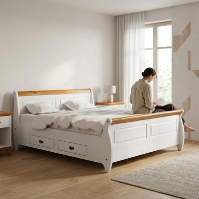 Luxus Bett Duebelbett Landhaus Stil Duebelbetter Wäiss Schlofzëmmer