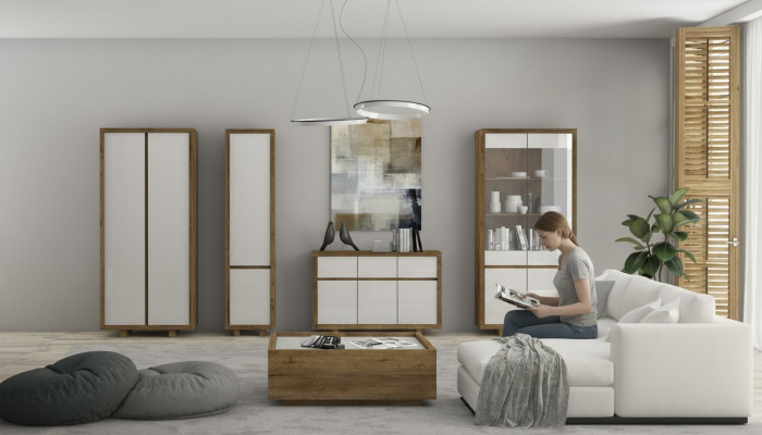 Wunnzëmmer Set Vitrin Kommod Wohnmaueren Kommoden Schaf Dësch Miwwelen Holz 4tlg