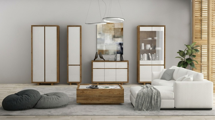 Wunnzëmmer Set Vitrin Kommod Wohnmaueren Kommoden Schaf Dësch Miwwelen Holz 4tlg