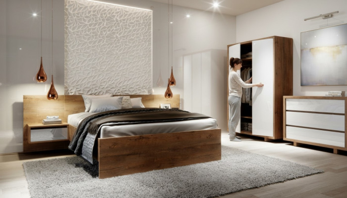 Komplett Schlofzëmmer Set Bett Nuetsdësch Kleederschaf Kommod Design 5 Stéck.