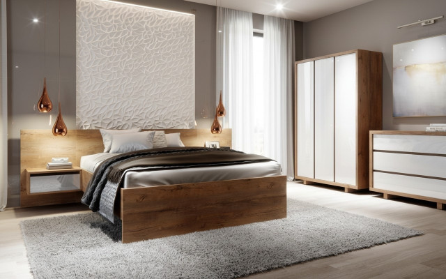 Komplett Schlofzëmmer Set Bett Nuetsdësch Kleederschaf Kommod Design 5 Stéck.