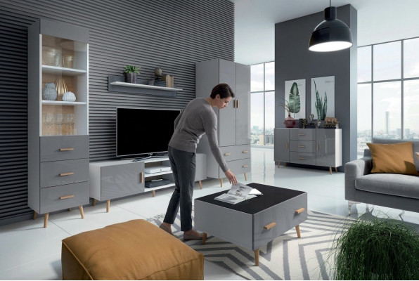 Wunnzëmmer Modern Stil Wunnwänn 4tlg Set Modern Wunnwand Vitrinen Regal Schaf