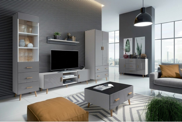 Wunnzëmmer Modern Stil Wunnwänn 4tlg Set Modern Wunnwand Vitrinen Regal Schaf