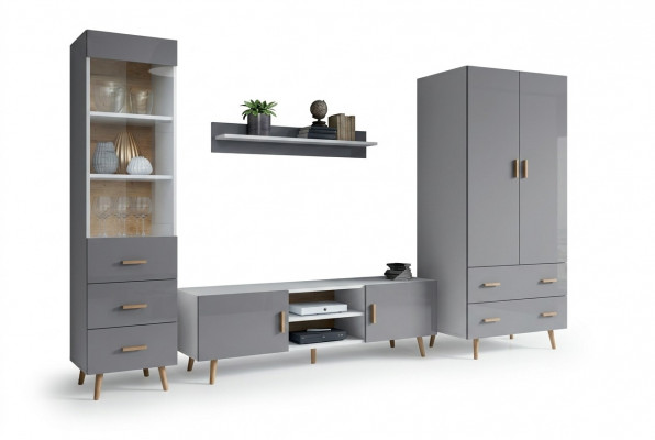 Wunnzëmmer Modern Stil Wunnwänn 4tlg Set Modern Wunnwand Vitrinen Regal Schaf