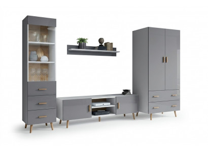 Wunnzëmmer Modern Stil Wunnwänn 4tlg Set Modern Wunnwand Vitrinen Regal Schaf