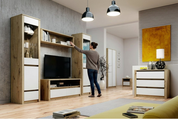 Design Wunnzëmmer Set Vitrin 2x Kommode Wunnwand Wandregal Regal Schief 4-Teileg.