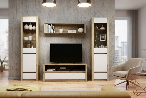 Design Wunnzëmmer Set Vitrin 2x Kommode Wunnwand Wandregal Regal Schief 4-Teileg.