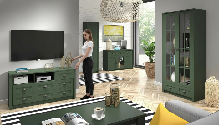 Wunnzëmmer Komplett Set Landhaus Miwwelen Set 5 Deeler. Wunnwand Holz Kommode Dësch