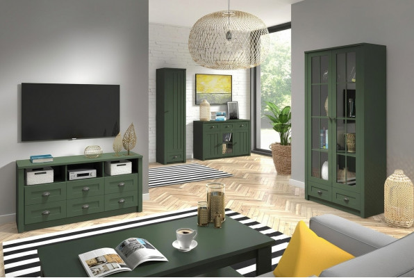 Wunnzëmmer Komplett Set Landhaus Miwwelen Set 5 Deeler. Wunnwand Holz Kommode Dësch