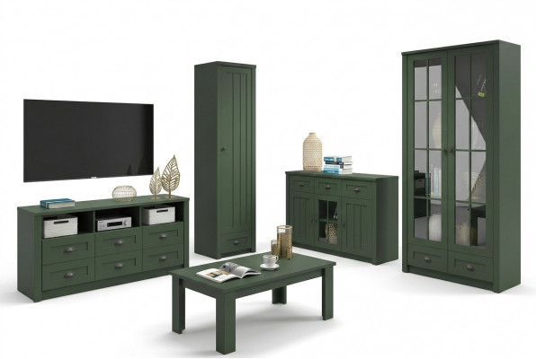 Wunnzëmmer Komplett Set Landhaus Miwwelen Set 5 Deeler. Wunnwand Holz Kommode Dësch